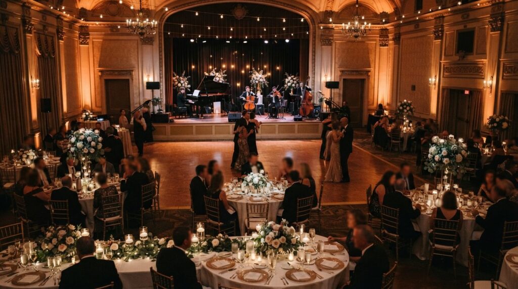Sophisticated indoor wedding reception hall with a professio