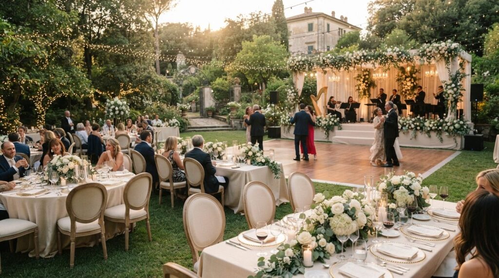 Beautifully arranged outdoor garden wedding reception with l