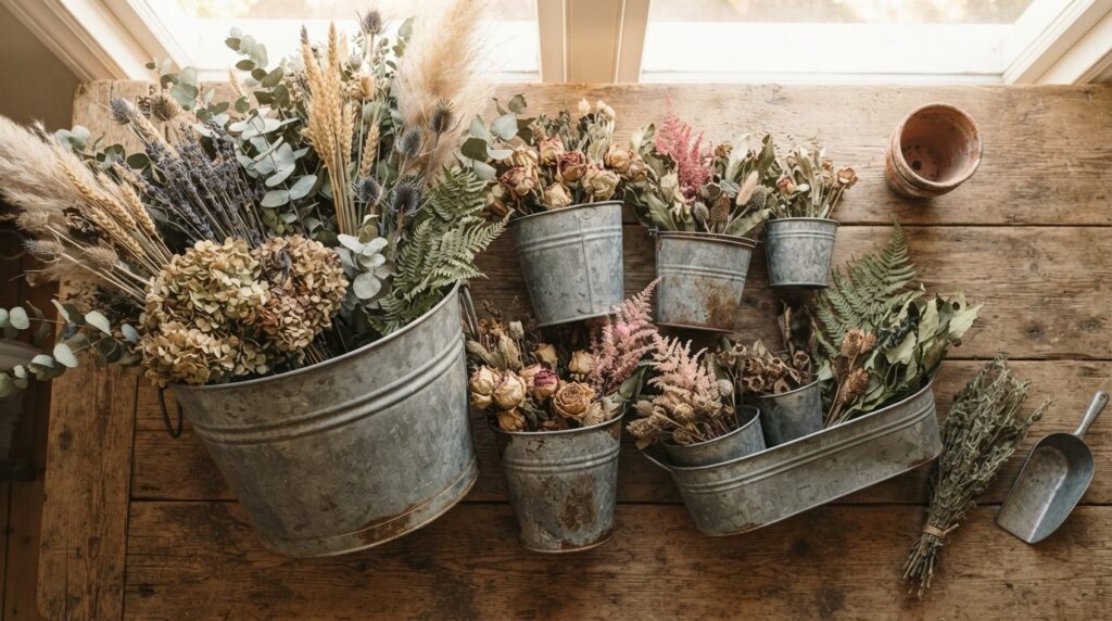 Close-up flat lay of vintage galvanized zinc buckets and met
