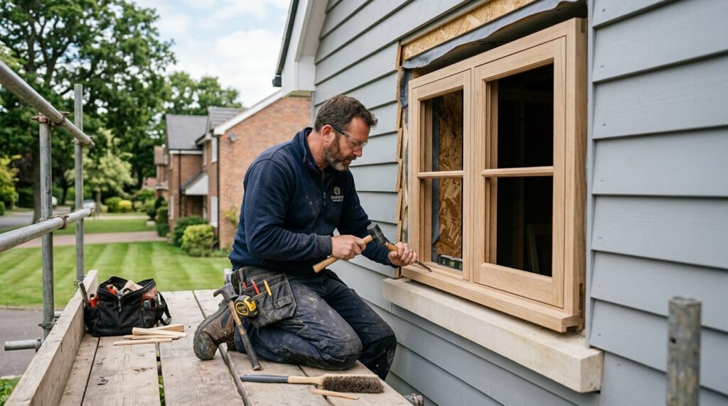 Skilled tradesman installing new wooden window frame in resi
