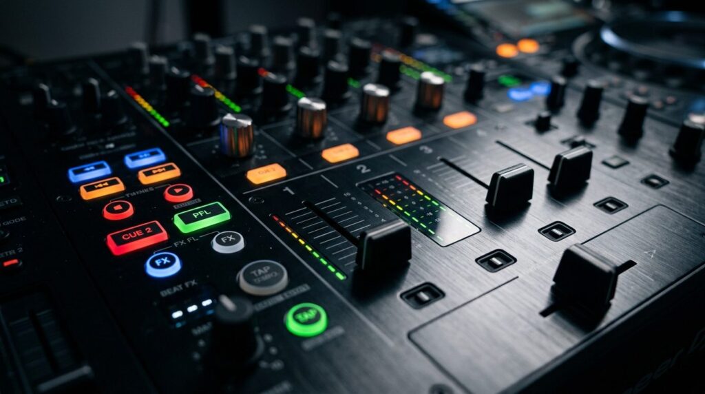 Close-up detail shot of premium DJ mixer control panel with 