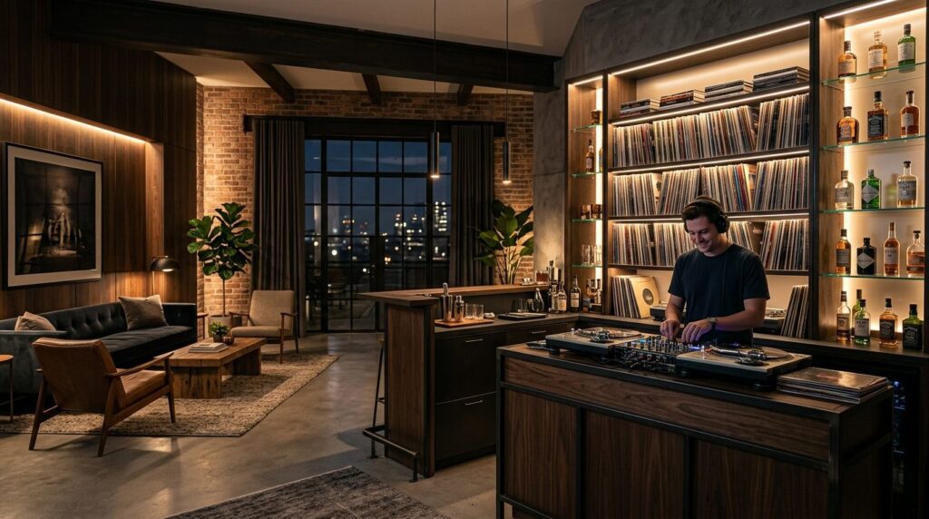 Stylish home bar interior with integrated DJ mixing station,