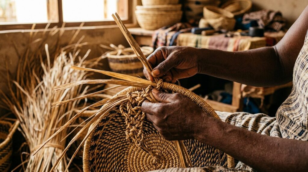 Close-up detail shot of skilled Ghanaian hands weaving natur