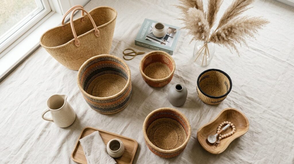 Styled flat lay of multiple Ghanaian woven elephant grass ba