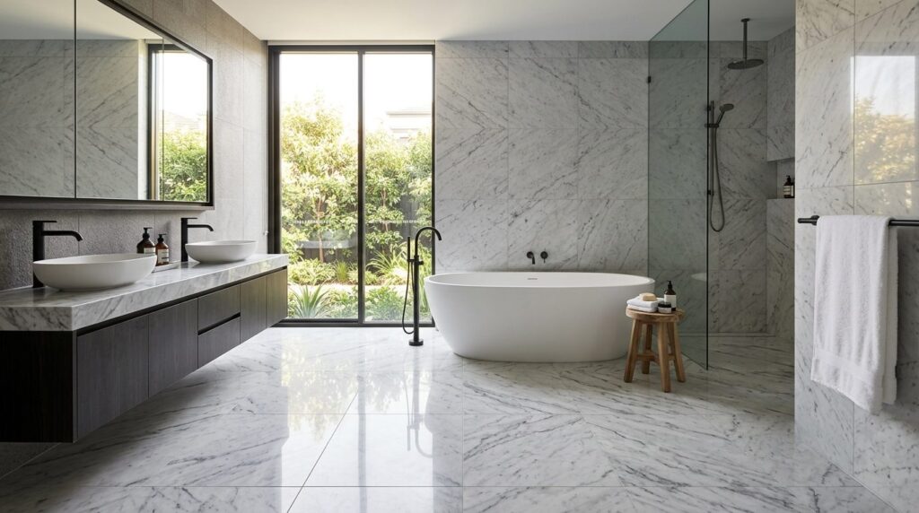 Modern bathroom interior with marble floor installation, sho