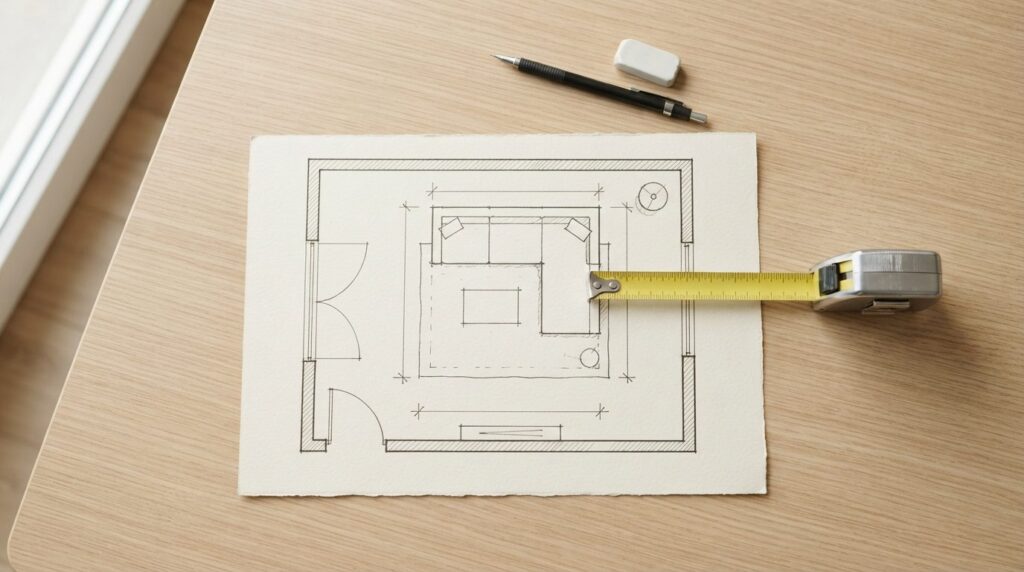 Overhead flat lay view of a tape measure and floor plan sket