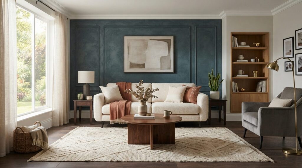 Contemporary living room interior with a cream-colored mediu