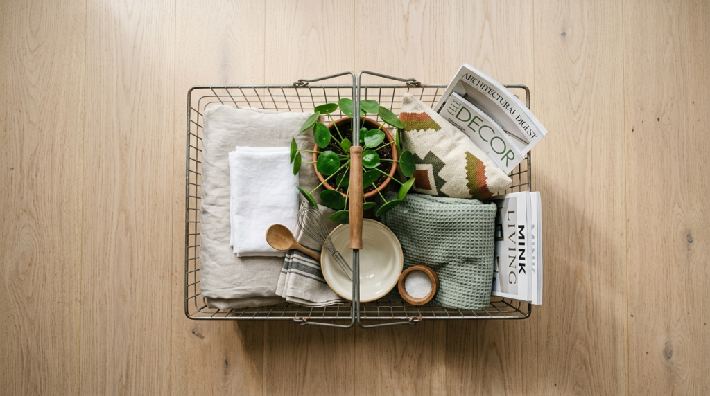 Flat lay overhead view of a shopping basket filled with dive