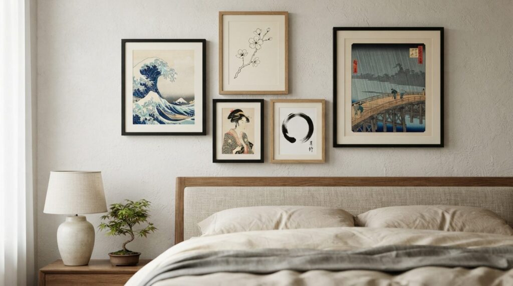 Close-up detail shot of Japanese art posters on bedroom wall