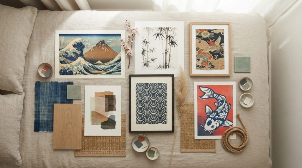 Overhead flat lay composition of various Japanese poster des