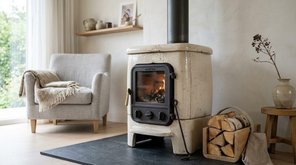 Close-up detail shot of a ceramic wood-burning stove in a mi