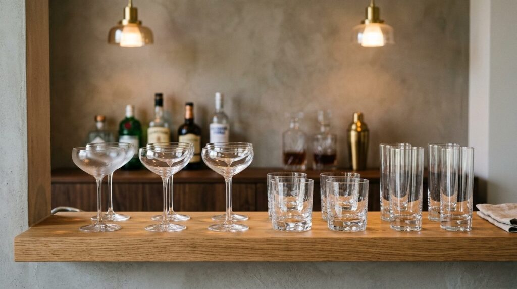 Close-up detail shot of curated bar glassware collection on 