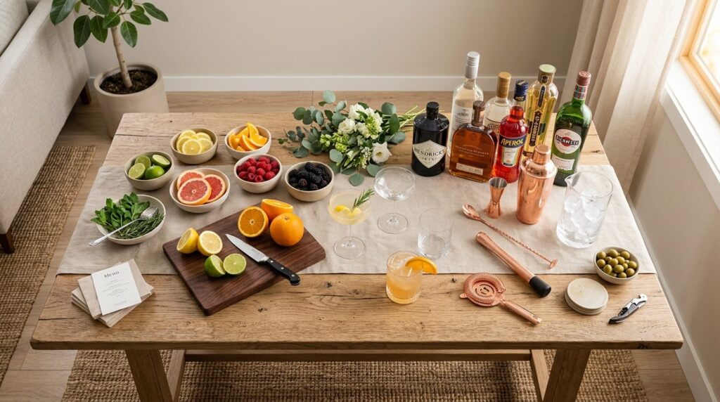 Overhead flat lay of professional home entertaining setup, f