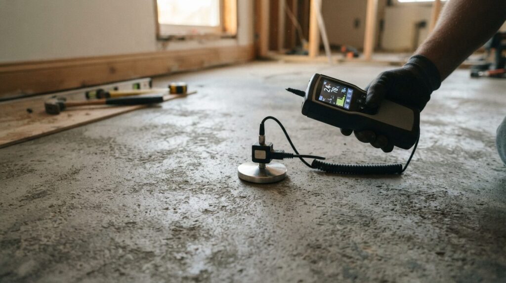 Detailed view of concrete floor texture with moisture measur