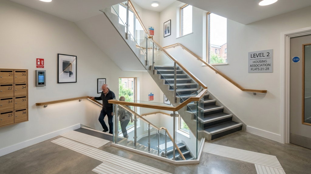 Wide-angle view of a bright, modern residential stairwell in