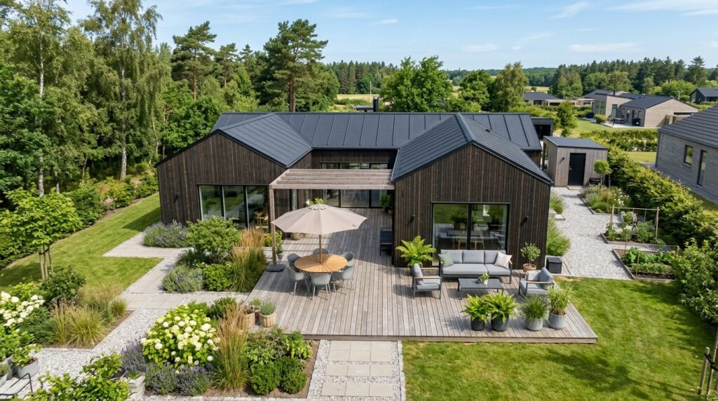 Fuglperspektiv af en boligterrasse med træbeklædning i skandinavisk stil.